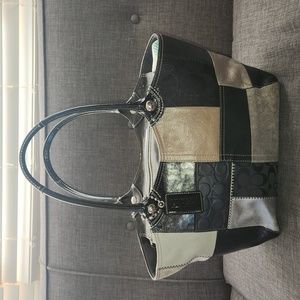 Coach Bleeker Legacy Purse Tote Bag Black Silver Patchwork.
